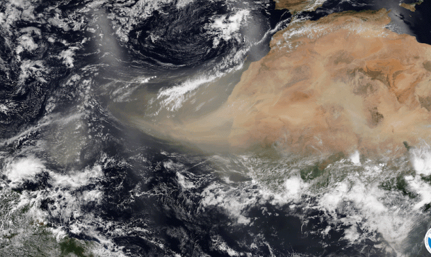 Saharan dust plume, seen by the NOAA-20 satellite on June 17, 2020. (National Oceanic and Atmospher...