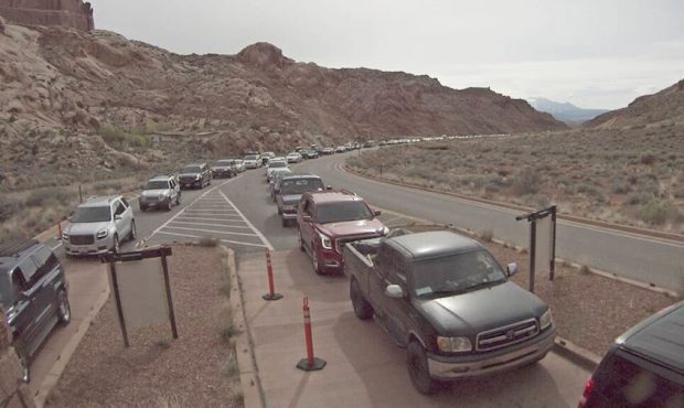 FILE: Traffic backs up at the entrance to Arches National Park. (National Park Service/Twitter)...