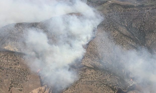 An aerial view of the Promontory Fire, which has burned an estimated 500 acres. (Utah Fire Info/Twi...