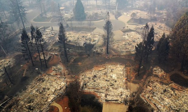 An aerial view of a neighborhood destroyed by the Camp Fire on November 15, 2018 in Paradise, Calif...