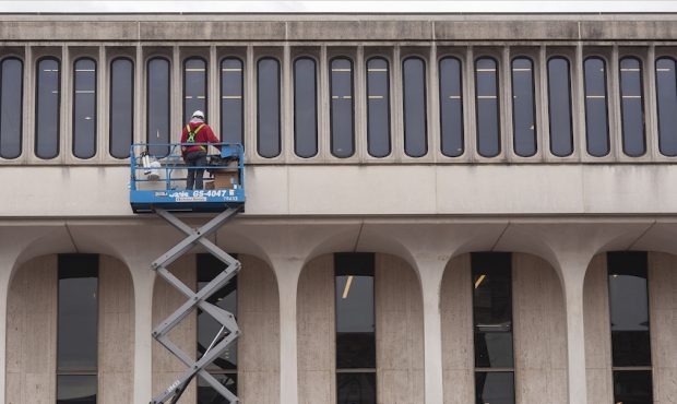 PRINCETON, NJ - FEBRUARY 04: A worker fixes windows on a building on campus at Princeton University...