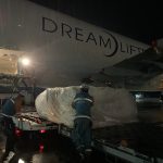 Crews load face masks into a Boeing Dreamlifter in Japan. The aircraft will land in Utah on Wednesday. (Utah Governor's Office of Economic Development)