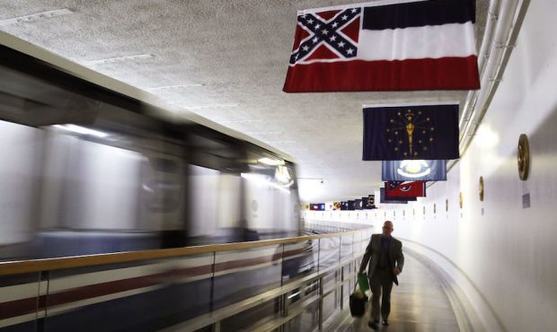 The Mississippi flag flies inside of the Senate Subway at the US Capitol August 17, 2017 in Washing...