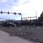 A motorcyclist died and a driver was taken into custody after a wrong-way crash on State Street in Midvale on June 2, 2020. (Derek Petersen, KSL TV)
