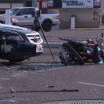 A motorcyclist died and a driver was taken into custody after a wrong-way crash on State Street in Midvale on June 2, 2020. (Derek Petersen, KSL TV)