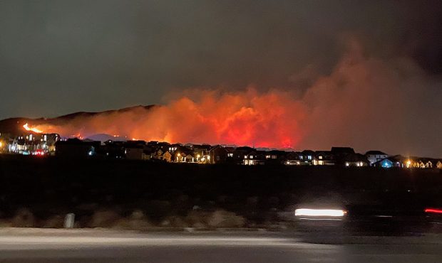 Fire burns on Traverse Mountain in Lehi, Utah.(Ladd Egan, KSL TV)...