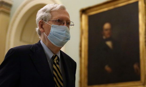 WASHINGTON, DC - MAY 11:  U.S. Senate Majority Leader Sen. Mitch McConnell (R-KY) wears a mask as h...