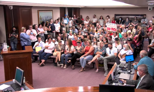 Anti-mask protesters fill a Utah County Commission meeting on July 15, 2020 (Photo: Utah County Com...