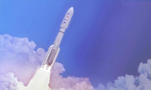 In this artist's concept, a two-stage United Launch Alliance (ULA) Atlas V launch vehicle speeds th...