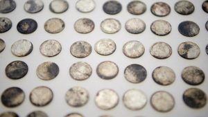 These coins were deposited in the capstone of the Salt Lake Temple on April 6, 1892. Some 400 coins—mostly nickels and dimes, some pennies, a few quarters—have been found inside the concrete. (Intellectual Reserve, Inc.)
