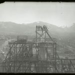 Workers stand atop the Salt Lake Temple before the placement of the capstone in April 1892.
