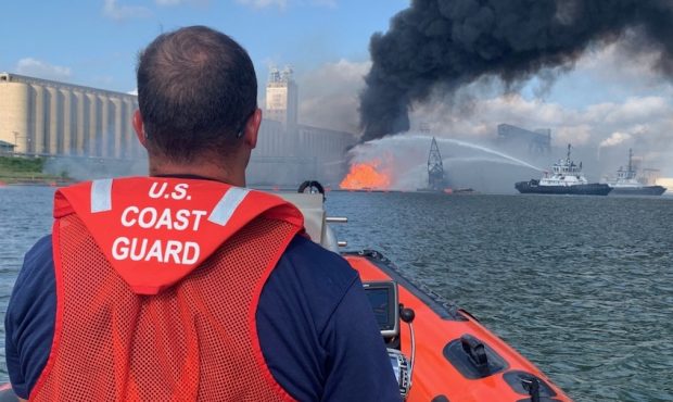 Coast Guard crews respond to a dredge on fire in the Port of Corpus Christi Ship Channel, Aug. 21, ...