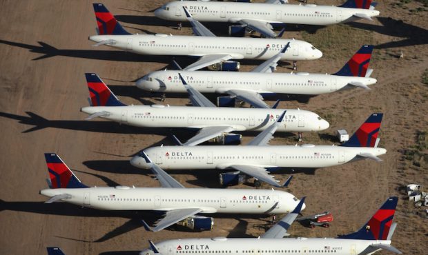 FILE: Decommissioned and suspended Delta commercial aircrafts are seen stored in Pinal Airpark on M...