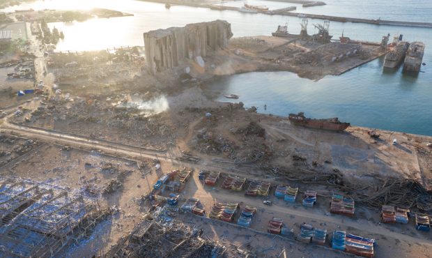 BEIRUT, LEBANON - AUGUST 05: An aerial view of ruined structures at the port, damaged by an explosi...
