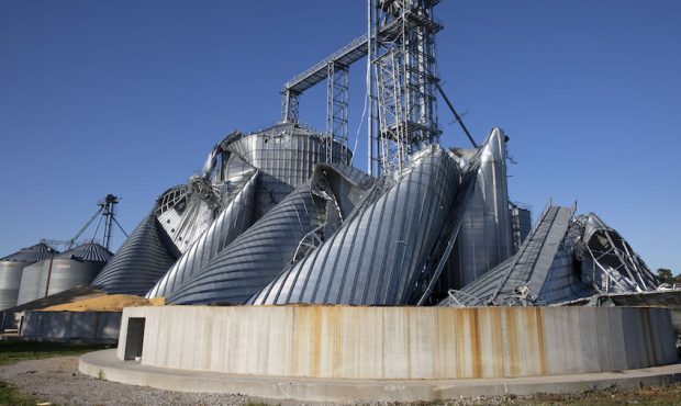 LUTHER, IA - AUGUST 11: Damaged grain bins at the Heartland Co-op grain elevator stand on August 11...