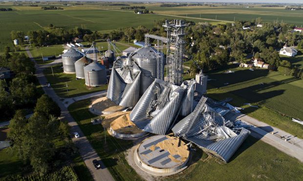 LUTHER, IA - AUGUST 11: In this aerial image from a drone, damaged grain bins are shown at the Hear...