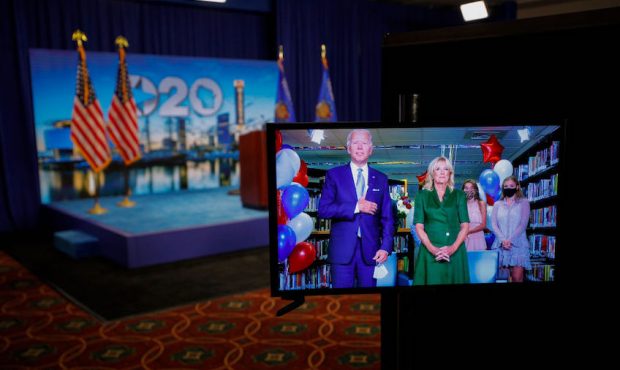 Democratic 2020 presidential nominee and former Vice President Joe Biden is seen in a video feed fr...