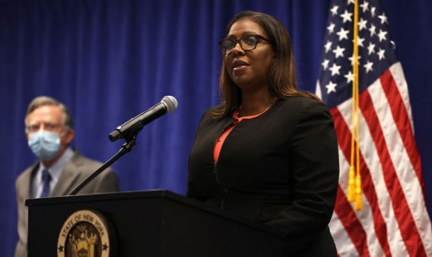 New York State Attorney General Letitia James speaks during a press conference announcing a lawsuit...