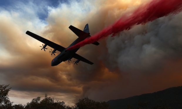 HEALDSBURG, CALIFORNIA - AUGUST 20: A Modular Airborne Fire Fighting Systems (MAFFS) equipped C-130...
