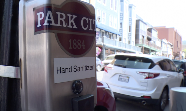 A hand sanitizer station in Park City, Utah....