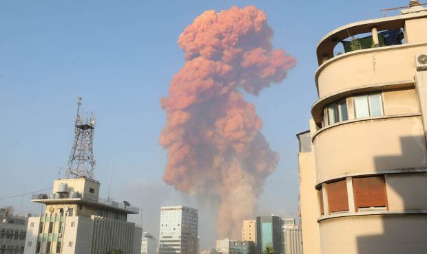 A red cloud hangs over Beirut in the wake of an explosion at the port. The source of the explosion ...