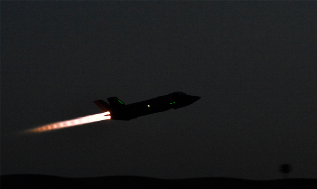 A U.S. Air Force F-35A Lightning II assigned to the 4th Expeditionary Fighter Squadron takes off fr...