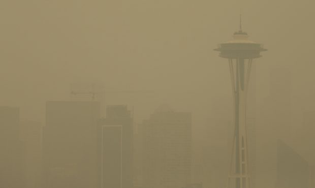 SEATTLE, WA - SEPTEMBER 12:  Smoke from wildfires obscure the Space Needle and the Seattle skyline ...