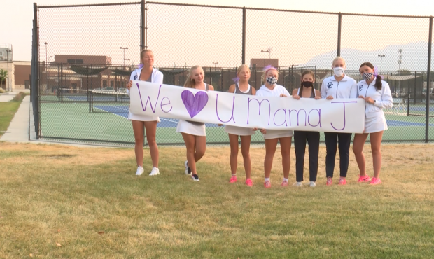 Students at Corner Canyon High School honored their teacher, "Mama J," who is battling COVID-10 fro...