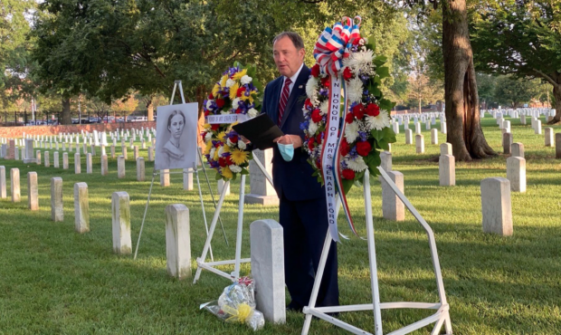 Gov. Gary Herbert speaks at a ceremony at Arlington Cemetery honoring Utah's Seraph Young - the nat...