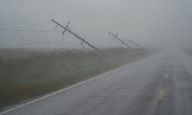 CAMERON, LA - OCTOBER 09: Utility poles damaged by Hurricane Laura are seen as Hurricane Delta appr...