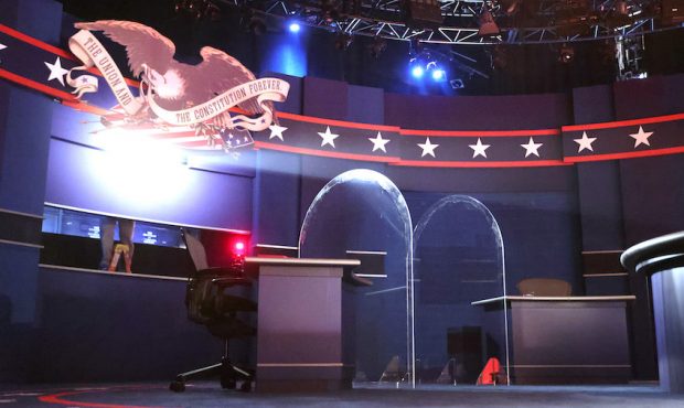 Newly installed plexiglass barriers are shown on the stage ahead of the vice presidential debate in...