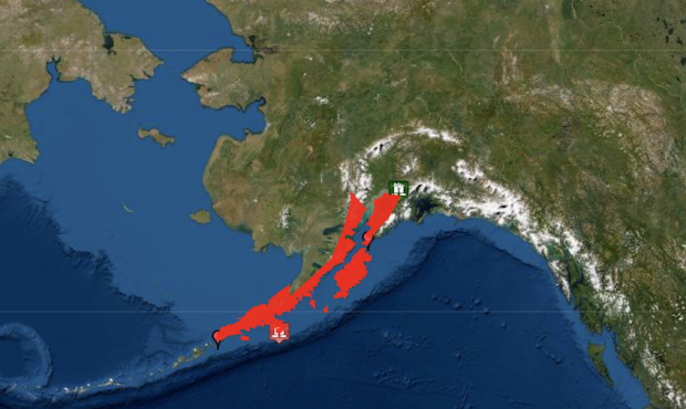 Areas in red were under a tsunami warning following a magnitude 7.4 earthquake in Alaska. (Tsunami....