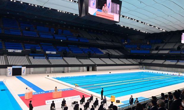 Governor of Tokyo Yuriko Koike attends the opening ceremony of the Tokyo Aquatics Centre on October...