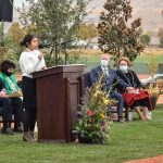 Jacquelin Espinoza Ramos, a resident of Page, Arizona, speaks at the groundbreaking of the Red Cliffs Utah Temple on Saturday, November 7, 2020. (Intellectual Reserve, Inc.)