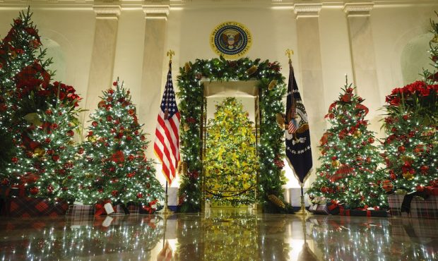 WASHINGTON, DC - NOVEMBER 30: Christmas decorations are on display in the Cross Hall and Blue Room ...