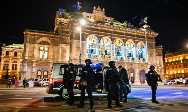 VIENNA, AUSTRIA - NOVEMBER 02: Heavily armed police stand outside the Vienna State Opera following ...