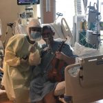 Grover Wilhelmsen plays his violin while intubated with COVID-19 at McKay-Dee Hospital (Photo used with permission by Intermountain Healthcare)