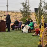 Elder Craig C. Christensen, Utah Area President, and his wife, Debbie (left), Elder Jeffrey R. Holland and his wife, Patricia, participate at the groundbreaking of the Red Cliffs Utah Temple on Saturday, November 7, 2020. (Intellecutal Reserve, Inc.)