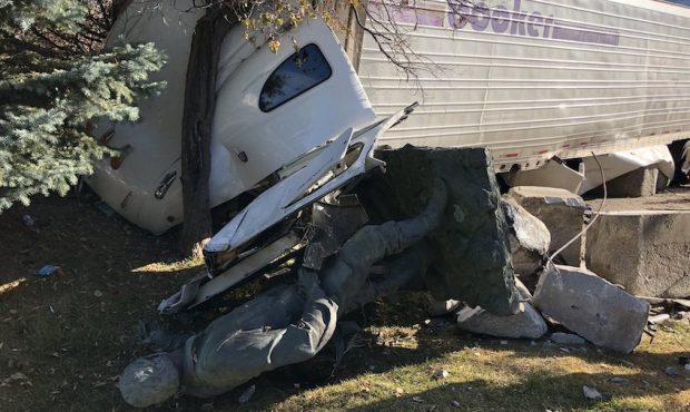 A semi truck crashed into the Parley P. Pratt Monument in SLC on Nov. 16, 2020 (Photo: Salt Lake Ci...