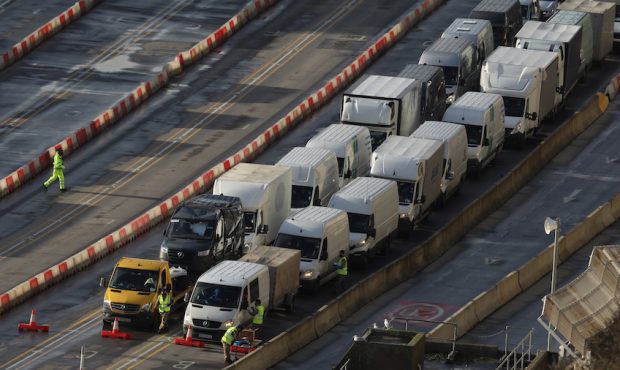 DOVER, ENGLAND - DECEMBER 24: Drivers queue to be tested for Covid-19 to allow them to board a ferr...