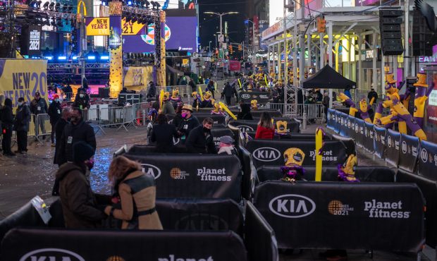 NEW YORK, NY - DECEMBER 31: Revelers celebrate New Years Eve in socially distanced pods at Times Sq...