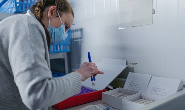 TRURO, ENGLAND - DECEMBER 09: Kimberley Olds, NHS Pharmacy Technician, prepares the Covid-19 vaccin...