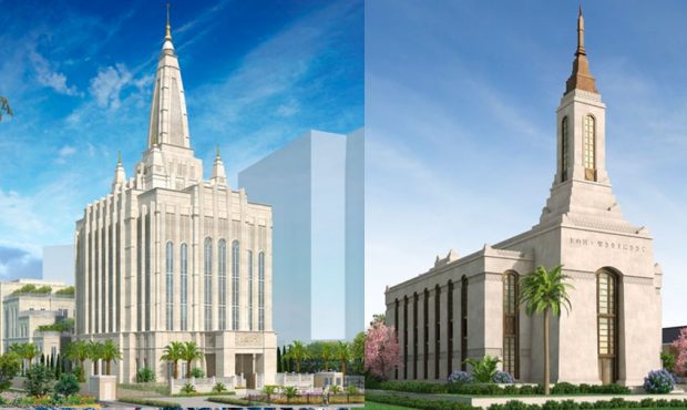 Renderings of the Bengaluru India Temple and Okinawa Japan Temples (Intellectual Reserve, Inc.)...