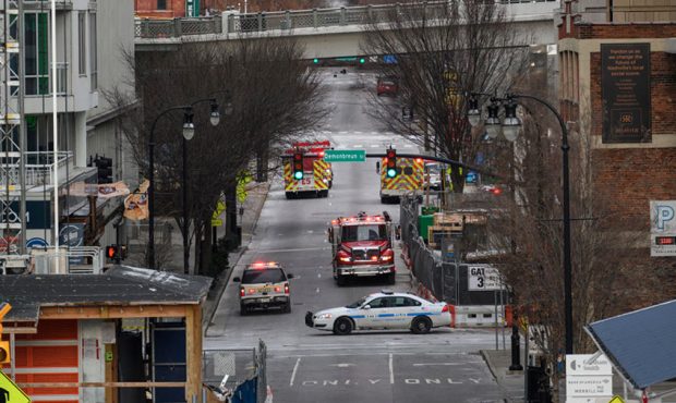 Nashville Police and fire investigate an explosion in downtown Nashville that is believed to be int...