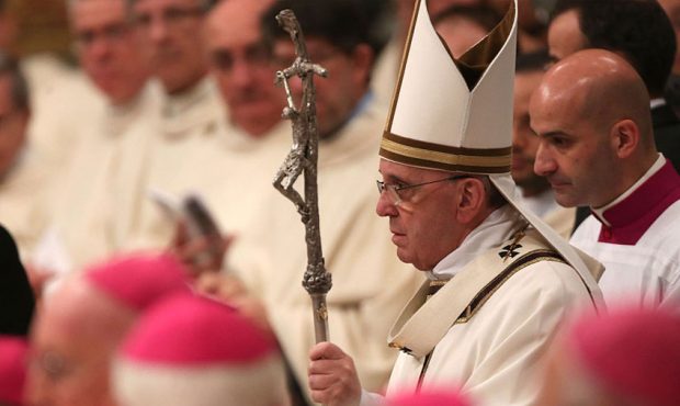 Pope Francis attends the Christmas night mass at St. Peter's Basilica on December 24, 2014 in Vatic...