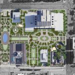 An artist's rendering shows an overhead site plan of the Temple Square Plaza between the Church Office Building (top of frame) and the Church Administration Building (bottom of frame) of The Church of Jesus Christ of Latter-day Saints. The 18-month renovation is to re-waterproof the deck and add new landscaping. (The Church of Jesus Christ of Latter-day Saints)
