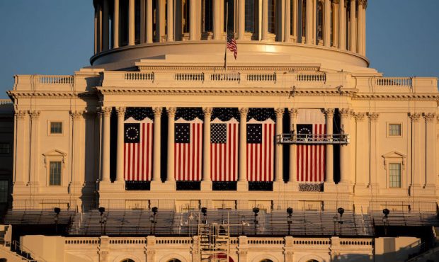 The stage for the Presidential Inauguration is prepared outside the U.S. Capitol on January 12, 202...