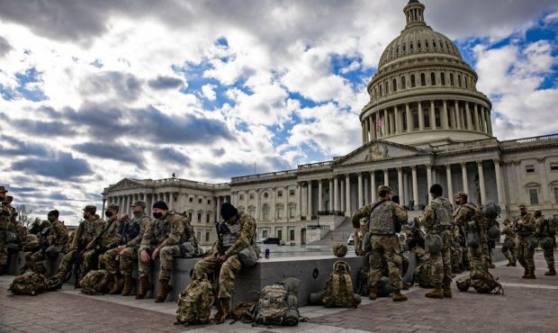 Virginia National Guard soldiers on the east front of the U.S. Capitol on January 17, 2021 in Washi...