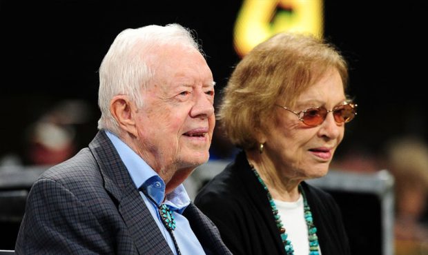 Former president Jimmy Carter and his wife Rosalynn prior to the game between the Atlanta Falcons a...