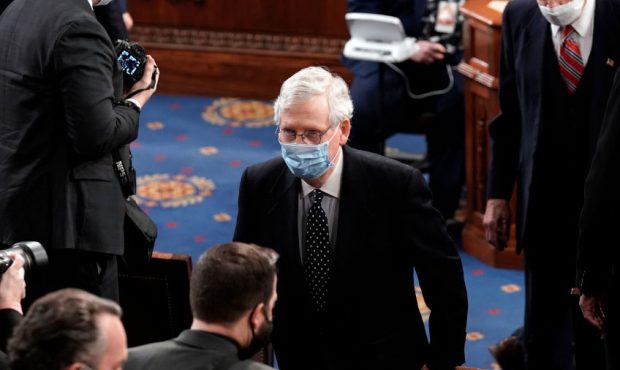 Senate Majority Leader Mitch McConnell (R-KY) leaves the House chamber for the Senate to consider o...